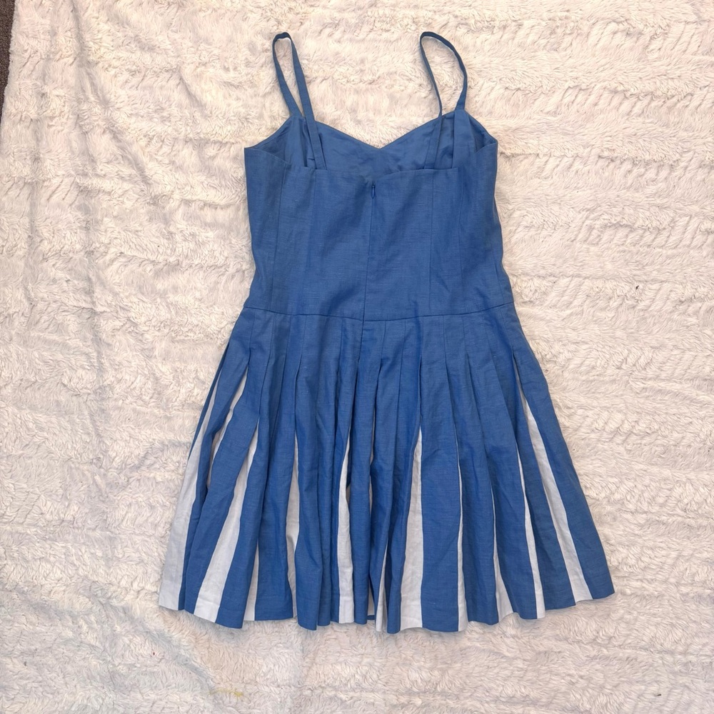 Boden Blue & White Pleated Midi Dress Size 14P | Cotton Linen Blend sleeves - Picture 2 of 7